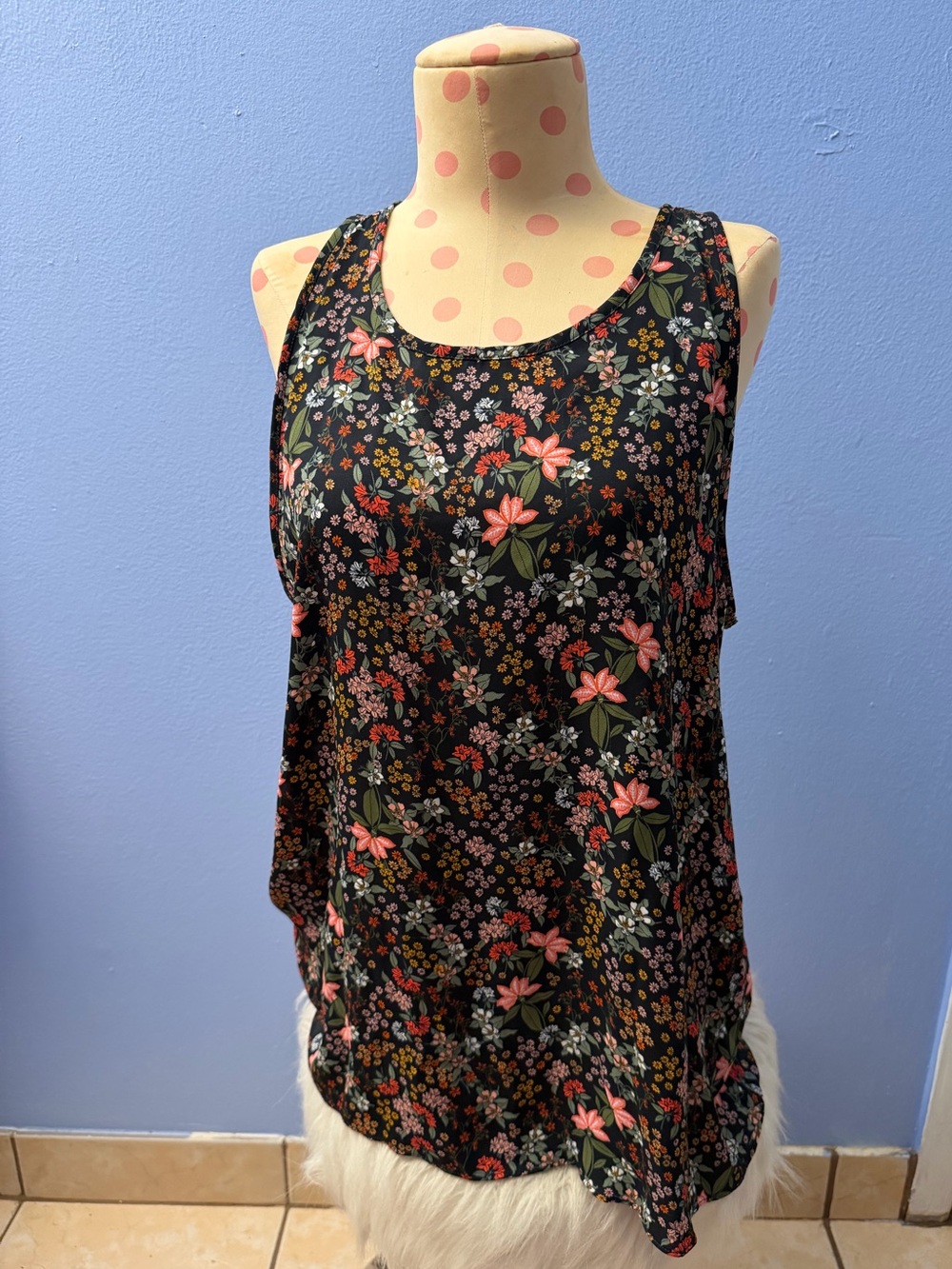 LOFT Black Floral Scoop Neck Camisole with Pink & Green Accents